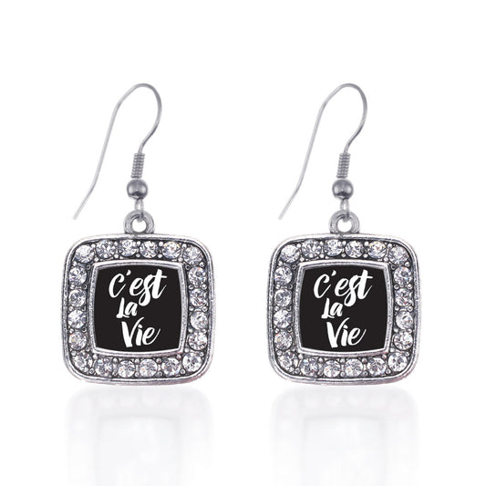 Silver C'est La Vie Square Charm Dangle Earrings