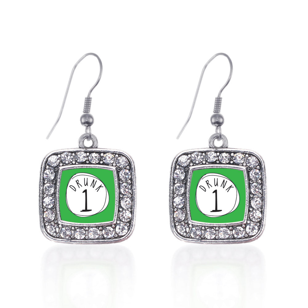 Silver Drunk One Square Charm Dangle Earrings