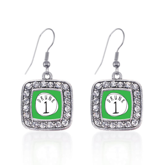 Silver Drunk One Square Charm Dangle Earrings