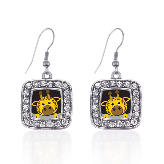Silver Peeking Giraffe Square Charm Dangle Earrings