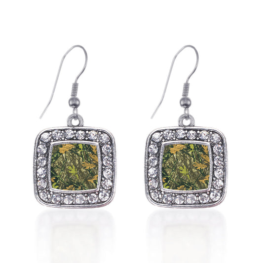 Silver Green Hunting Pattern Square Charm Dangle Earrings