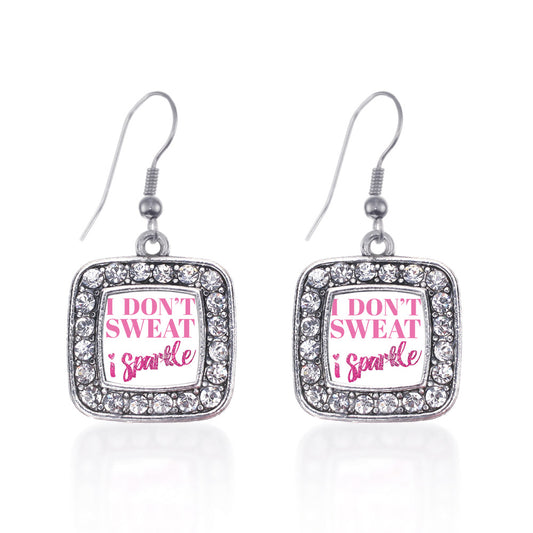 Silver I Don't Sweat, I Sparkle Square Charm Dangle Earrings
