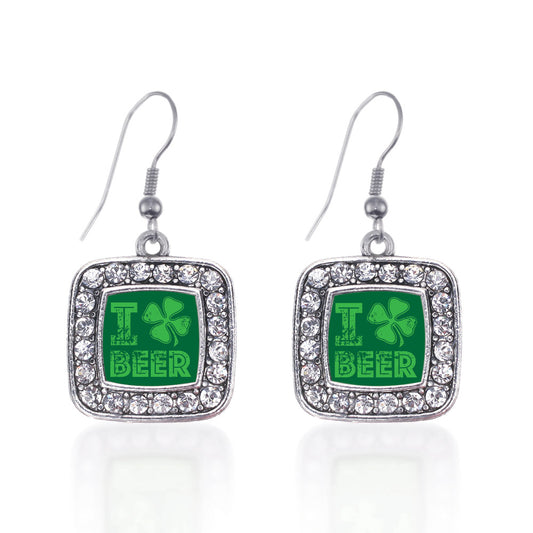 Silver I Love Beer Square Charm Dangle Earrings