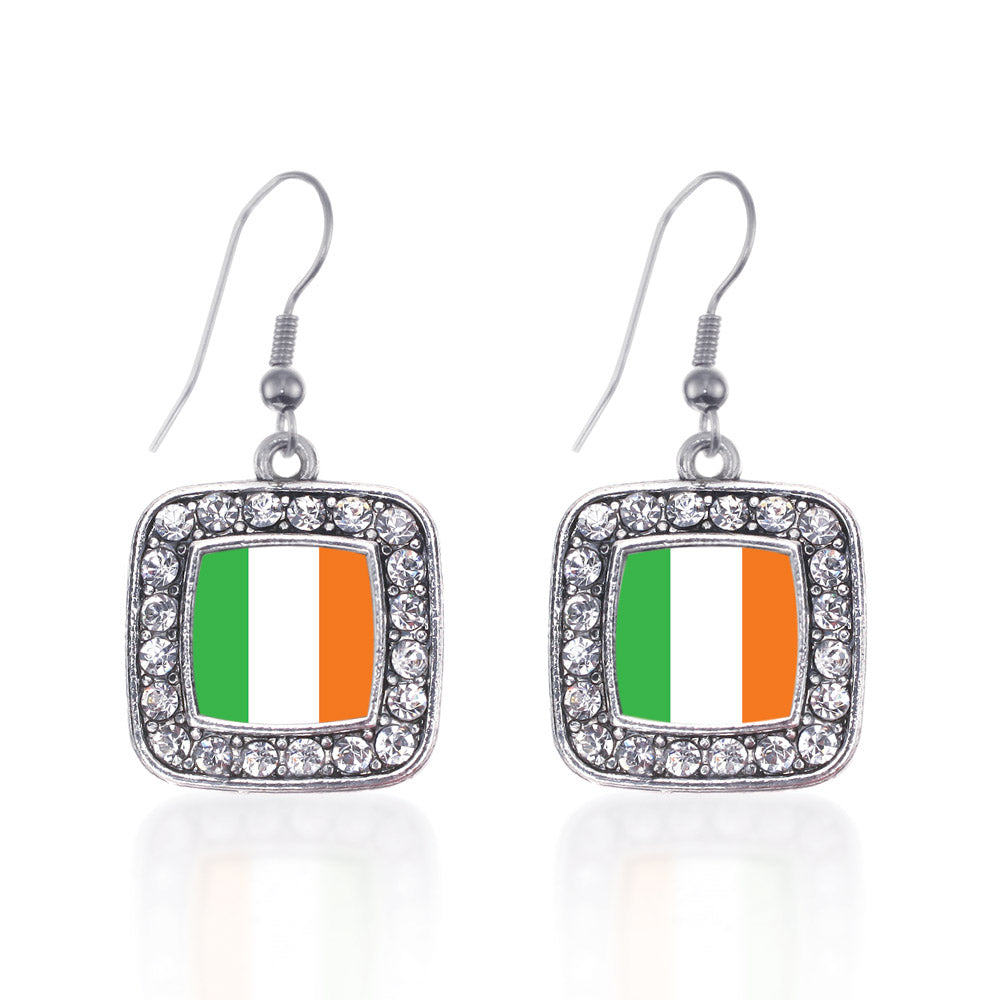 Silver Ireland Flag Square Charm Dangle Earrings