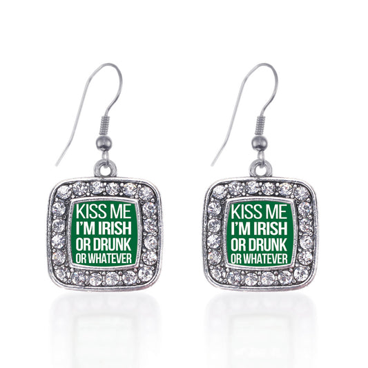 Silver Kiss Me I'm Drunk Square Charm Dangle Earrings
