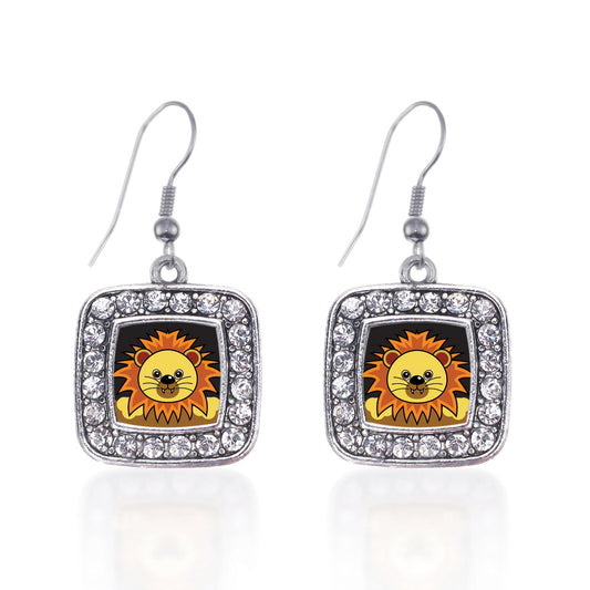 Silver Peeking Lion Square Charm Dangle Earrings