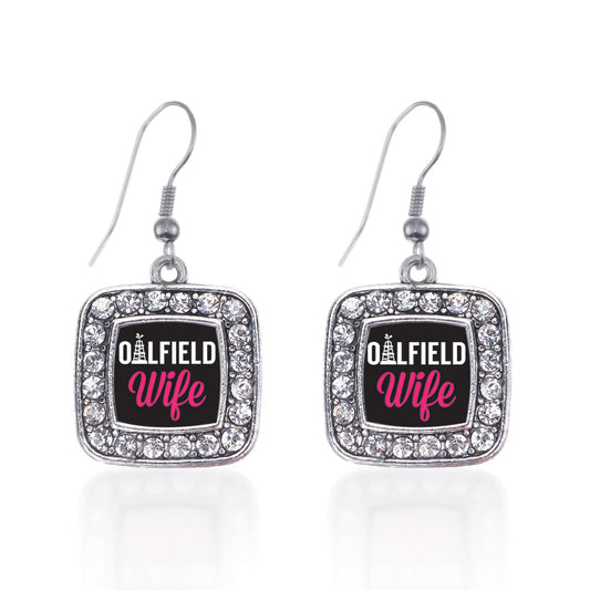 Silver Oilfield Wife Square Charm Dangle Earrings