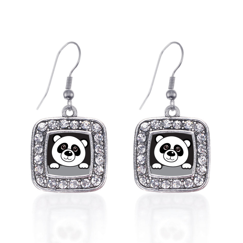 Silver Peeking Panda Square Charm Dangle Earrings