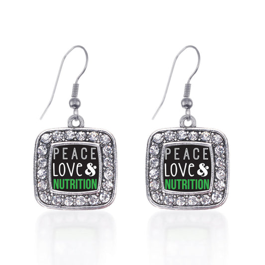 Silver Peace, Love, and Nutrition Square Charm Dangle Earrings