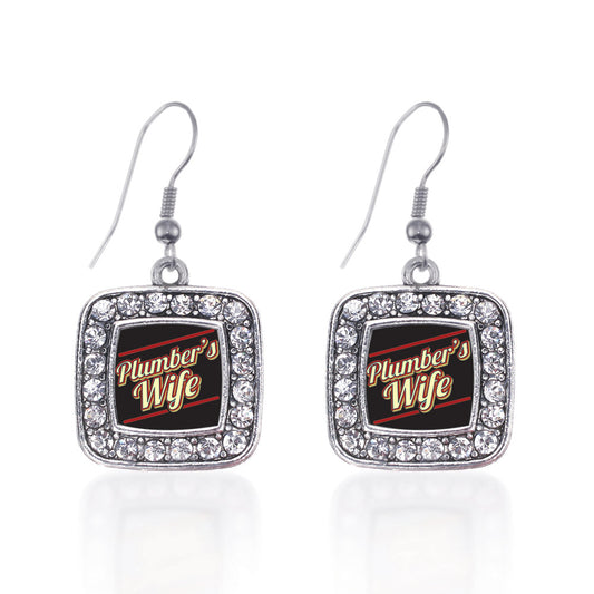 Silver Plumber's Wife Square Charm Dangle Earrings