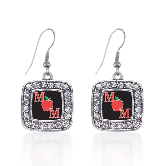 Silver Teacher Mom Square Charm Dangle Earrings