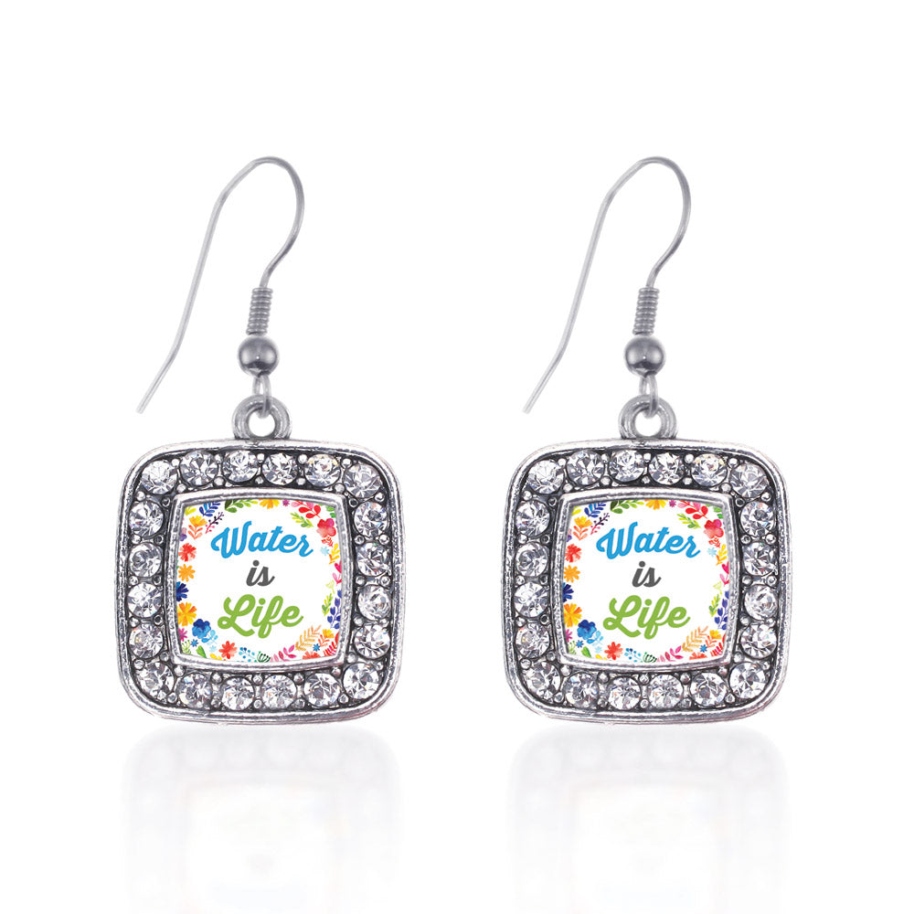 Silver Water Is Life Square Charm Dangle Earrings
