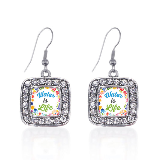 Silver Water Is Life Square Charm Dangle Earrings