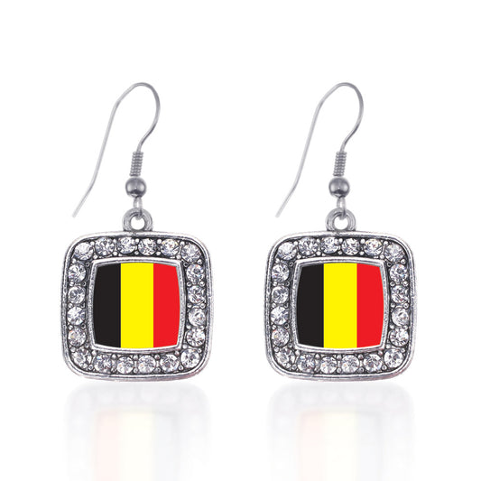 Silver Belgium Flag Square Charm Dangle Earrings