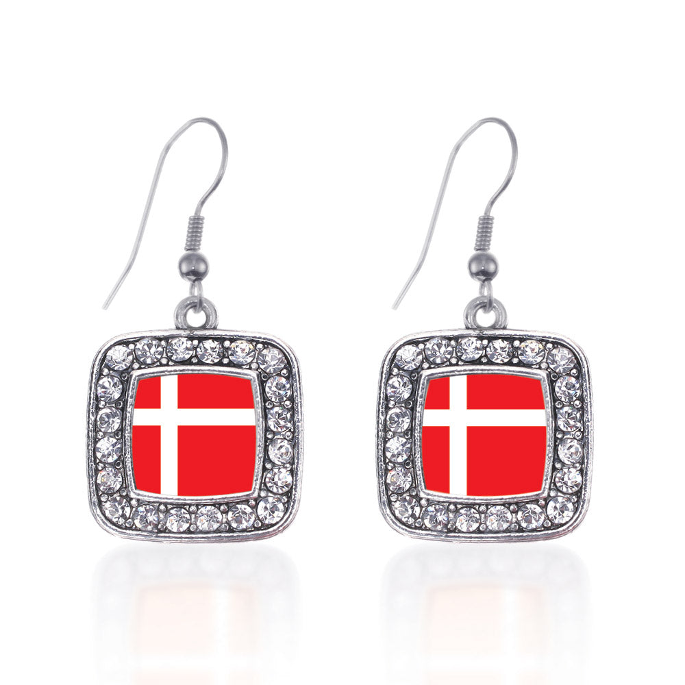 Silver Denmark Flag Square Charm Dangle Earrings