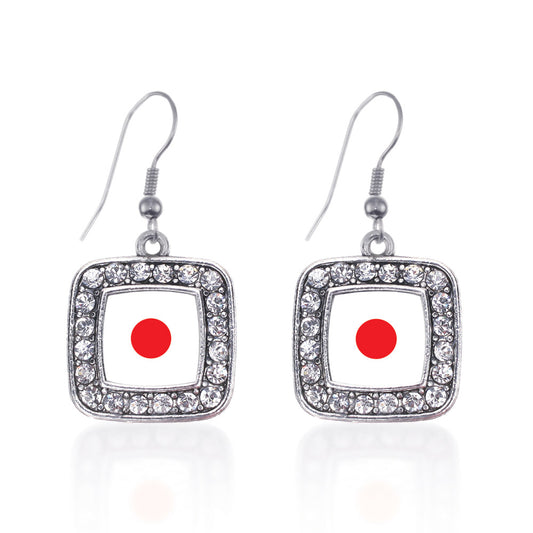 Silver Japan Flag Square Charm Dangle Earrings