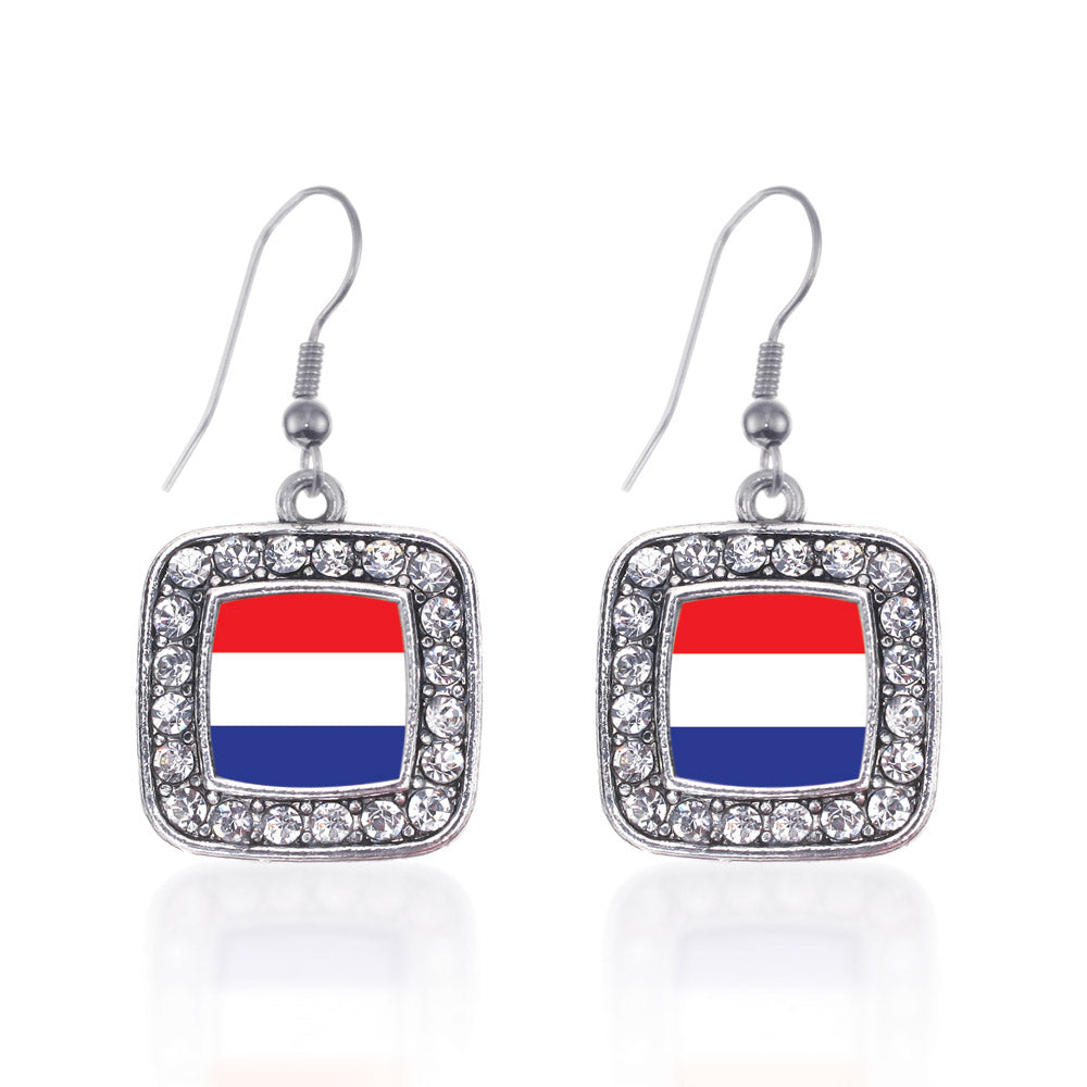 Silver Netherlands Flag Square Charm Dangle Earrings
