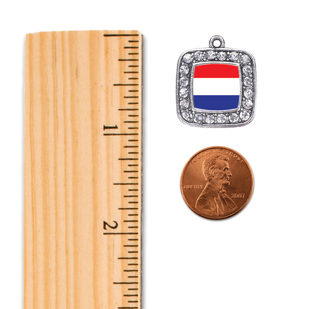 Silver Netherlands Flag Square Charm Dangle Earrings