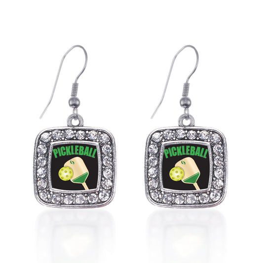Silver Pickleball Square Charm Dangle Earrings