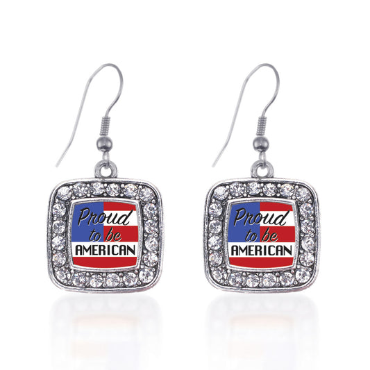 Silver Proud to be American Square Charm Dangle Earrings