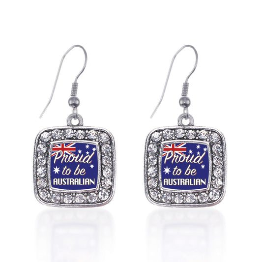 Silver Proud to be Australian Square Charm Dangle Earrings