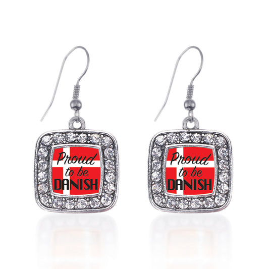 Silver Proud to be Danish Square Charm Dangle Earrings