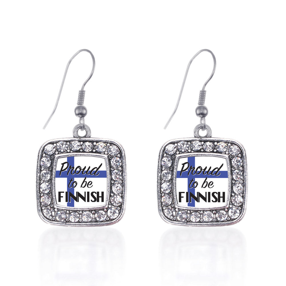 Silver Proud to be Finnish Square Charm Dangle Earrings