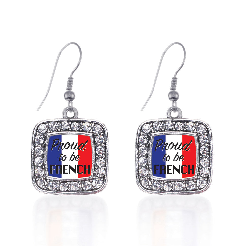 Silver Proud to be French Square Charm Dangle Earrings