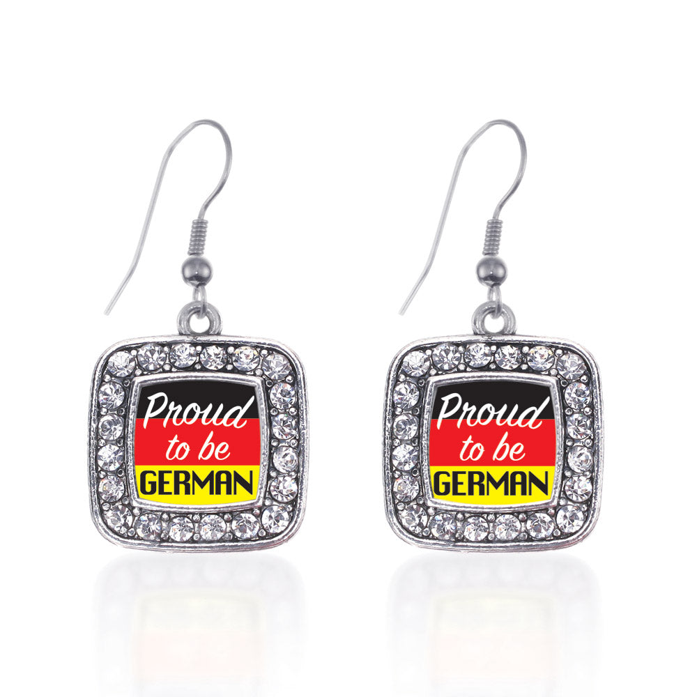 Silver Proud to be German Square Charm Dangle Earrings
