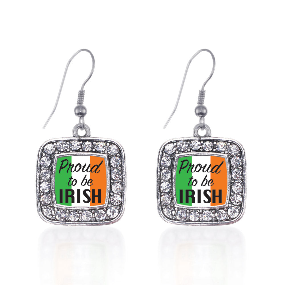 Silver Proud to be Irish Square Charm Dangle Earrings