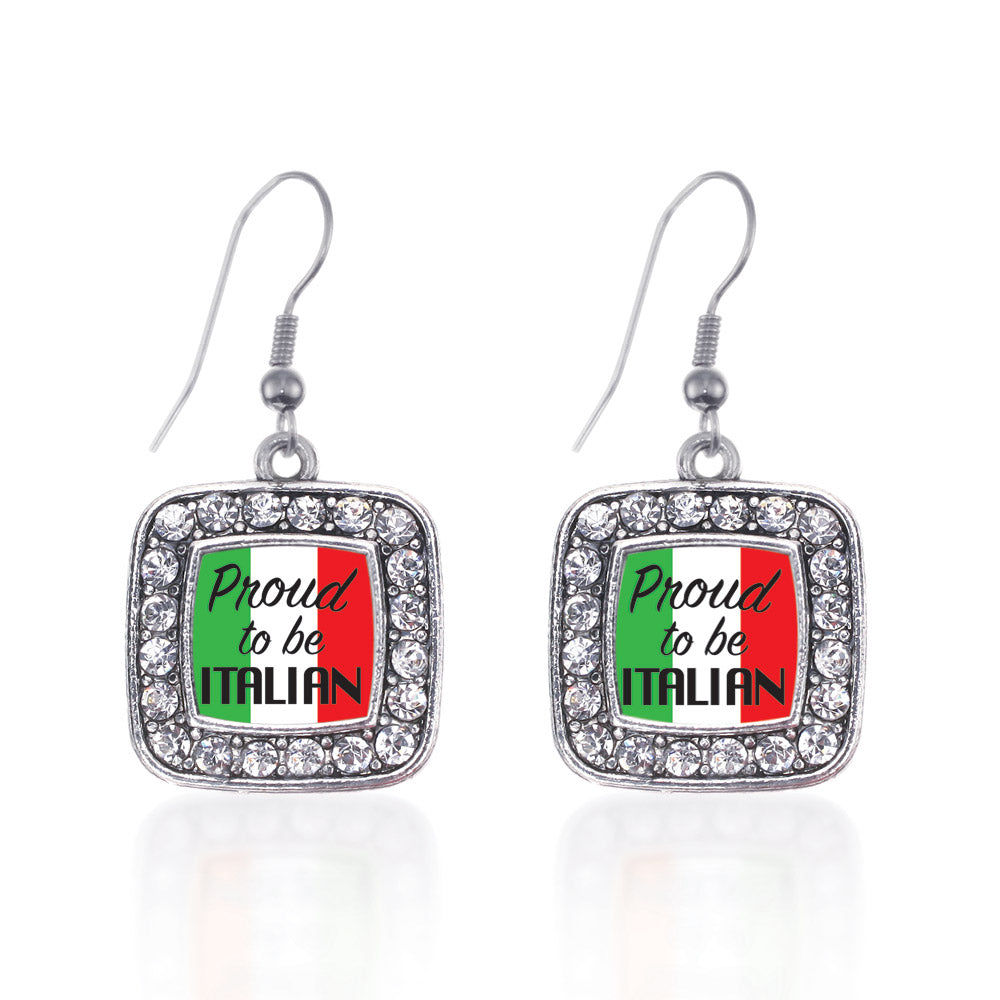Silver Proud to be Italian Square Charm Dangle Earrings