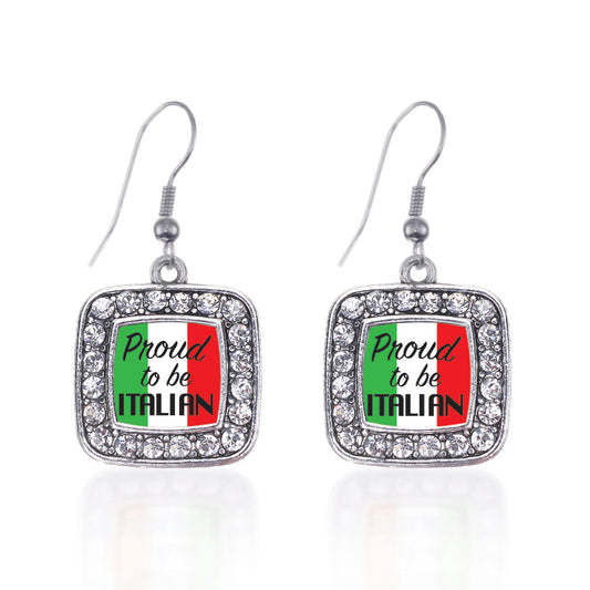 Silver Proud to be Italian Square Charm Dangle Earrings