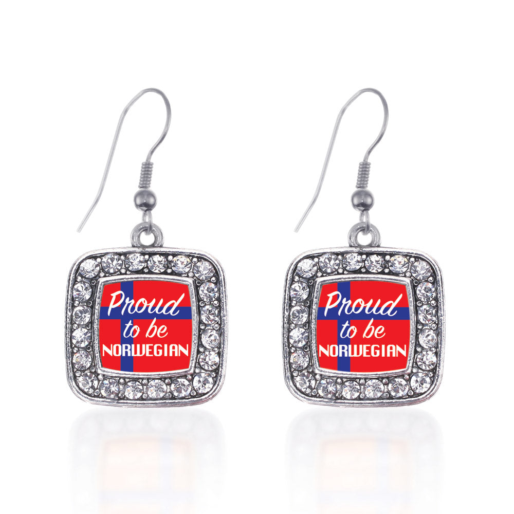 Silver Proud to be Norwegian Square Charm Dangle Earrings