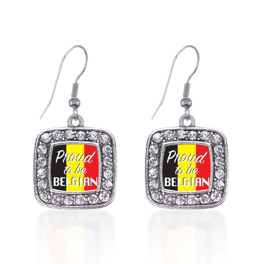 Silver Proud to be Belgian Square Charm Dangle Earrings