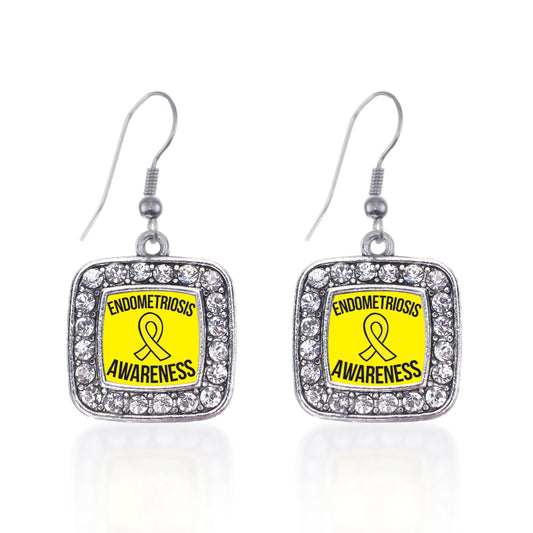 Silver Endometriosis Support Square Charm Dangle Earrings