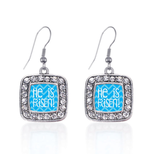 Silver He is Risen Blue Chevron Patterned Square Charm Dangle Earrings