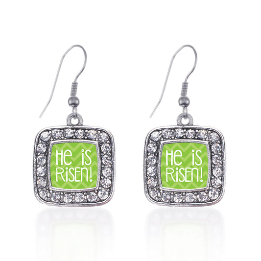 Silver He is Risen Green Chevron Patterned Square Charm Dangle Earrings