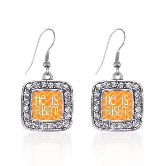 Silver He is Risen Orange Chevron Patterned Square Charm Dangle Earrings