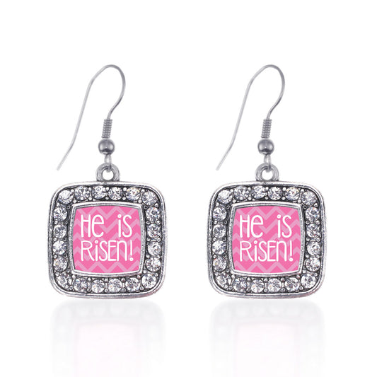 Silver He is Risen Pink Chevron Patterned Square Charm Dangle Earrings