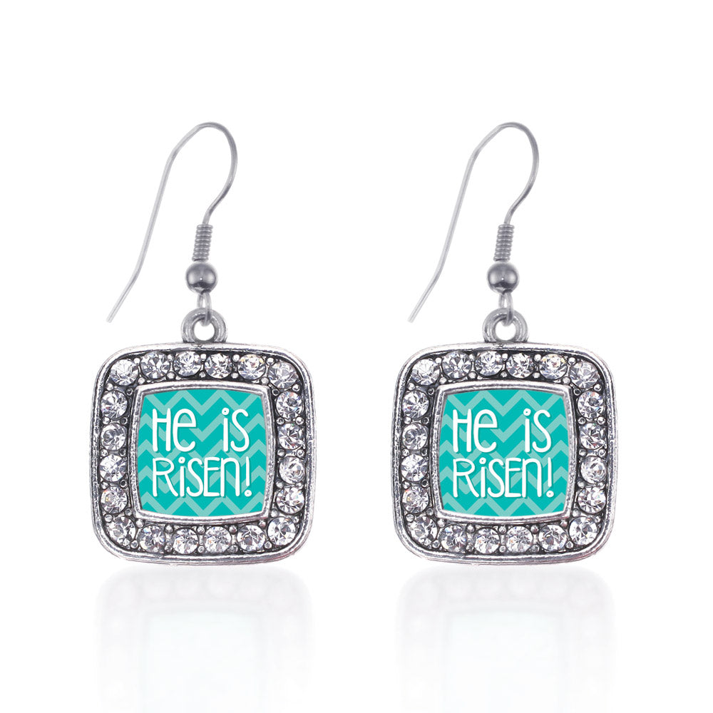 Silver He is Risen Teal Chevron Patterned Square Charm Dangle Earrings