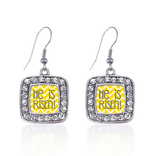 Silver He is Risen Yellow Chevron Patterned Square Charm Dangle Earrings