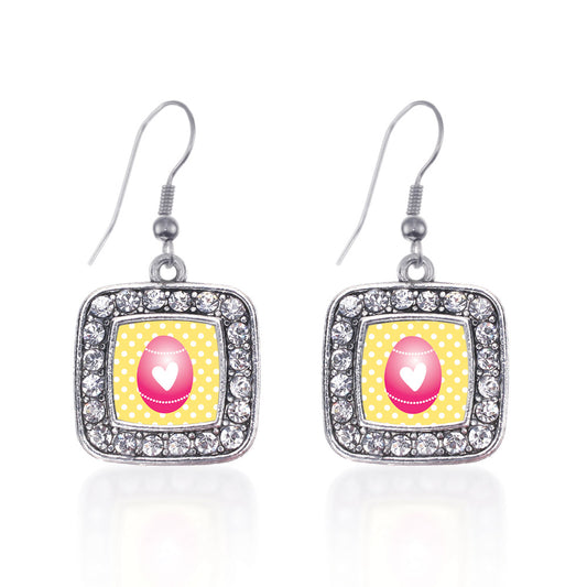 Silver Pink Easter Egg Square Charm Dangle Earrings