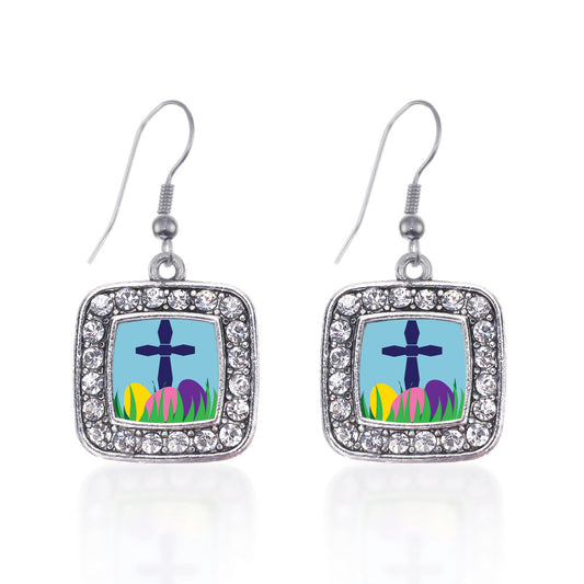 Silver Easter Cross & Eggs Square Charm Dangle Earrings