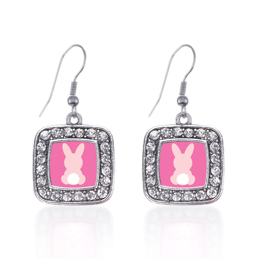 Silver Bunny Tail Square Charm Dangle Earrings
