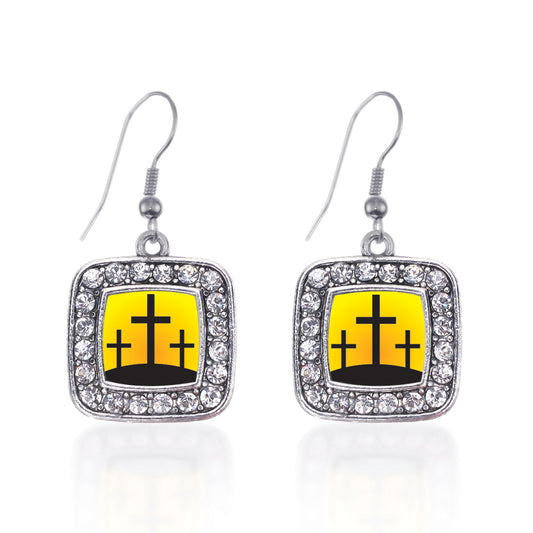 Silver Three Crosses Square Charm Dangle Earrings