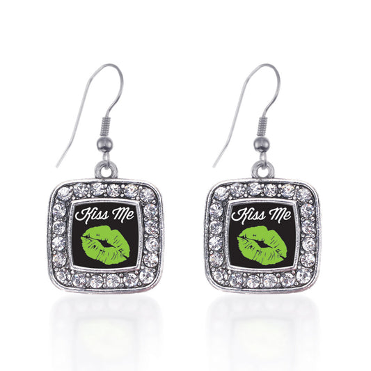 Silver Kiss Me I'm Irish Square Charm Dangle Earrings