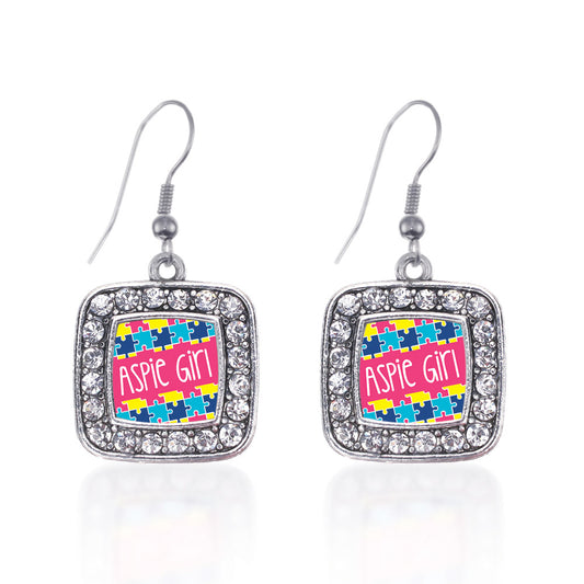 Silver Aspie Girl Square Charm Dangle Earrings