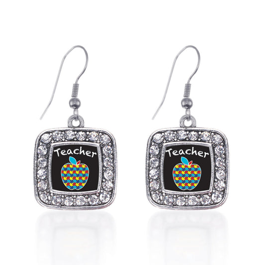Silver Autism Apple Square Charm Dangle Earrings