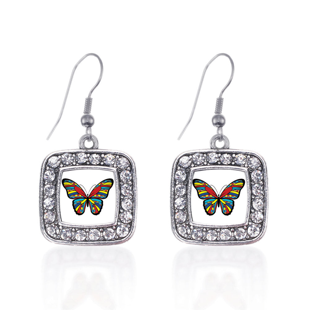 Silver Autism Awareness Butterfly Square Charm Dangle Earrings