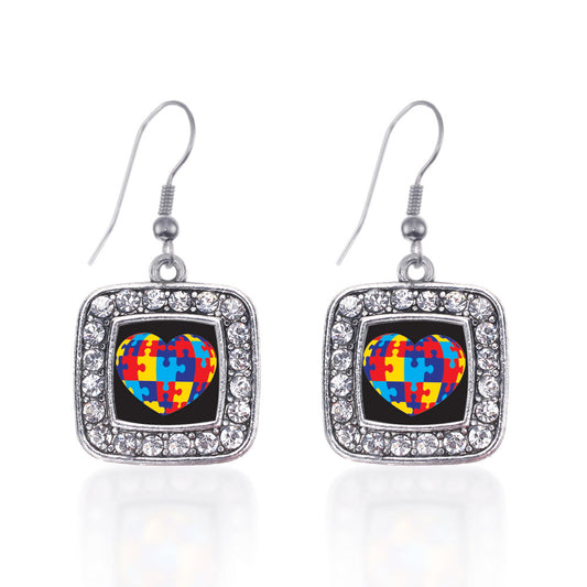 Silver Autism Awareness Heart Square Charm Dangle Earrings